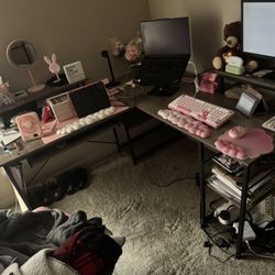 L Shaped Desk LED 95.2 Inch Computer Corner Desk with Keyboard Tray Monitor Stand