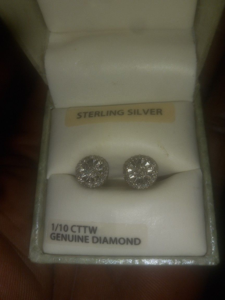 1/10 Sterling Silver Genuine Diamond Earrings 