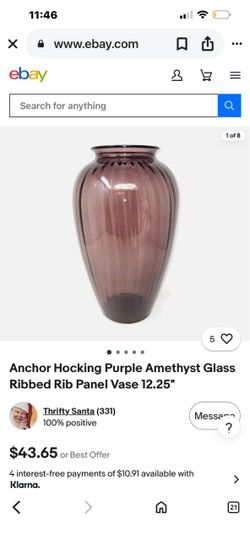 Anchor Hocking Purple Amethyst Glass Ribbed Vase 12.25"