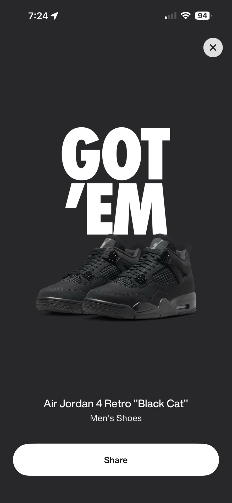 Jordan 4 Black Cat Size 11 DS
