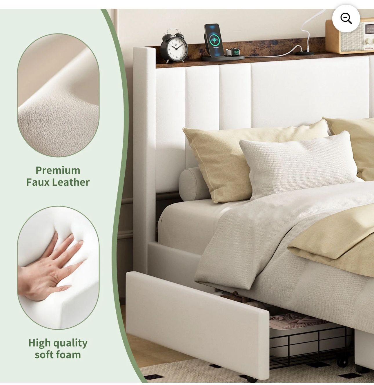 Queen Bed Frame Faux Leather Upholstered with Type C Ports Storage Headboard and Reading Light, Drawers
