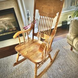 Antique, vintage, Oak solid wood rocking chair, with back engraving. Great condition like brand new.