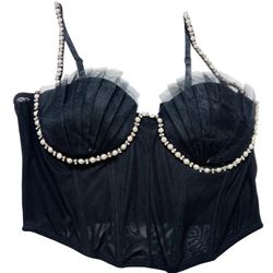 Windsor Halter Corset Top Large Black Nylon Spaghetti Strap Pearls Rhinestones
