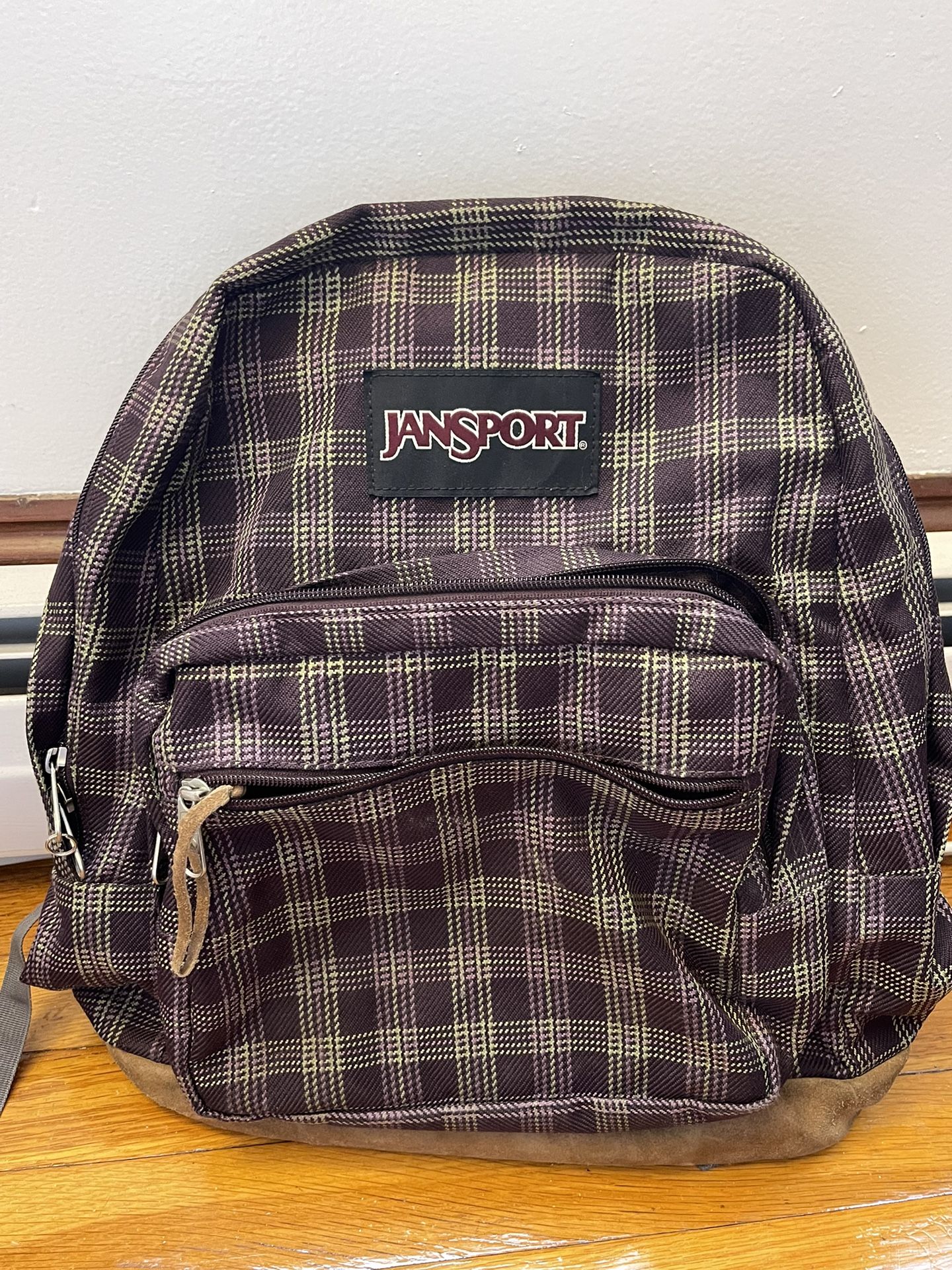 JANSPORT PURPLE & GREEN PLAID RIGHT PACK BACKPACK BROWN SUEDE BOTTOM 