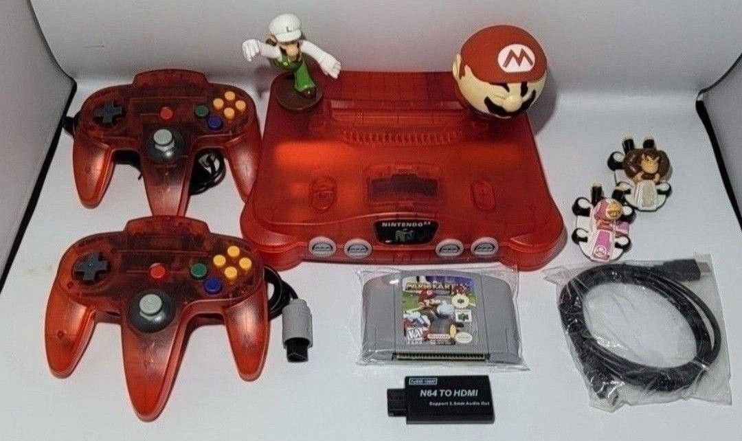 Clear Red Nintendo 64 With Mario Kart Game