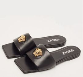 Versace Medusa Size 39.5 Black Leather Logo Embellished Flat Sandals