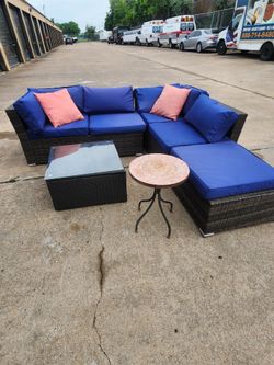 Large Outdoor Patio Couch Sectional Set – Thick Royal Blue Cushions