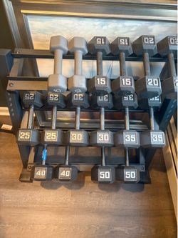 Fitness Gear Cast Hex Dumbbell set (10-50 Lbs) with rack