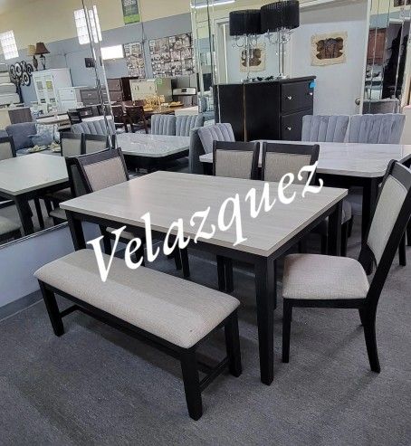 ✅️✅️6 pc bridget two tone wood dining table set padded seat chairs and bench ✅️