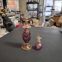 Hand Blown Egyptian Glass Perfume Bottles (Set Of 2) Delicate Thin Glass Hand Etched & Hand-painted W/24K Gold Accents & Daubers-Made In Egypt