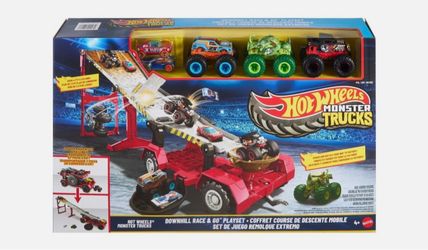 Hot Wheels Monster Trucks Downhill Race & Go 4 ft. Track and Transporter Bundle