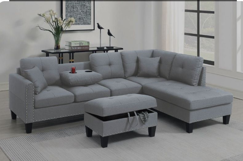 Gray Sectional Sofa Storage Ottoman Accent Pillows Nailhead Trim Cup Holders 6x8