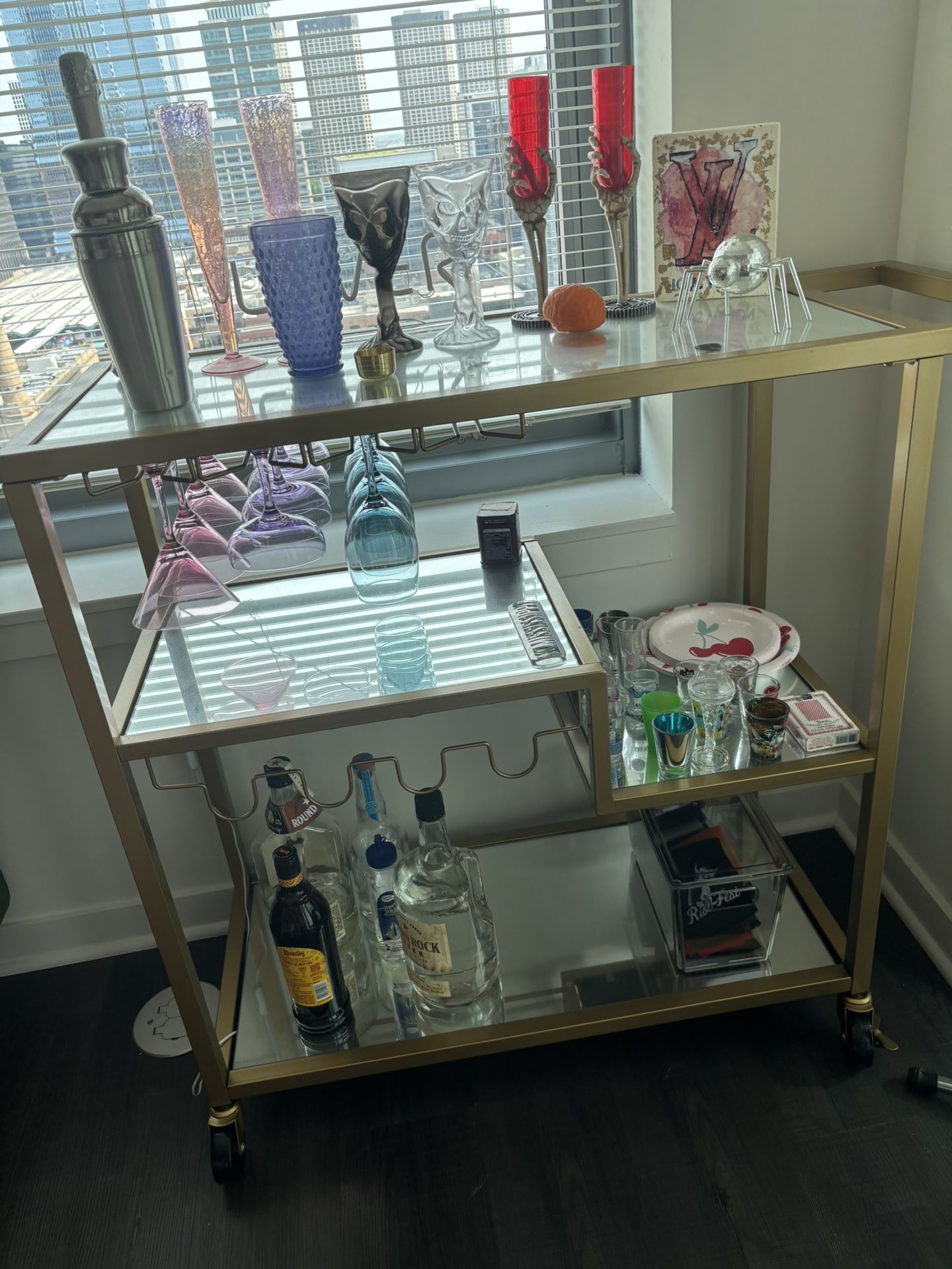 Gold, Mirrored Bar Cart with Wine Rack and Glass Holders (no glassware included)