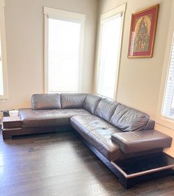 Used Brown leather L shaped couch/ Sofa