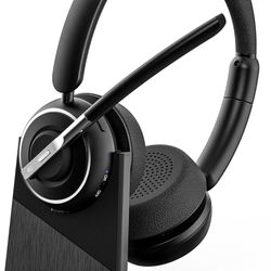 Bluetooth Headset, V5.2 Wireless Headset with AI Noise Cancellation Microphone, On Ear Headphones with Charging Base & Bluetooth Adapter, for Computer