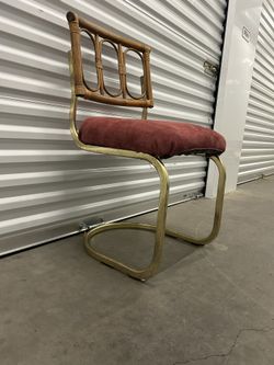 Vintage 1970s Chromcraft Brass & Rattan Cantilever Dining Chairs (2)