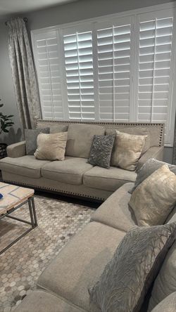Beige Fabric Sofa with Nailhead Trim