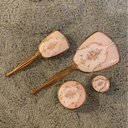Antique Rare 4 Pc Pink Floral Vanity Set