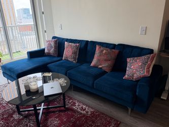 Blue Velvet Sectional Sofa with Chaise