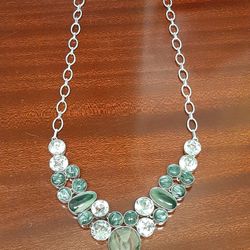 Ooge 1980s solid Sterling silver Green aqua and other gemstones statement necklace heavy 2.5 Oz