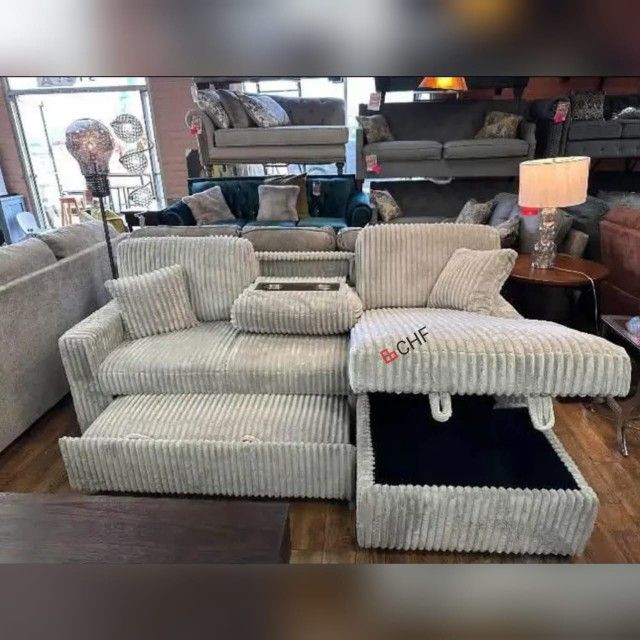 jumbo corduroy ash / smoke color sleeper sectional sofa with storage chaise and fold down table