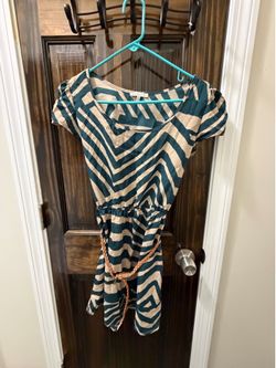 Striped Teal and Cream Short Sleeve Dress with Waist Tie