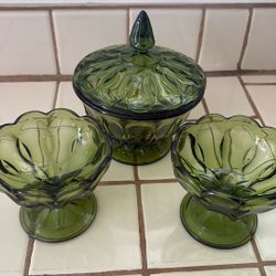 Antique Mid Century Modern Anchor Hocking Fairfield Avocado Green Candy Dish & Compote Bowls