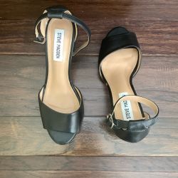 Black Leather Ankle Strap Heel Sandals 