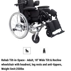 Rehab Tilt-in-Space - Adult, 18" Wide Tilt & Recline wheelchair with headrest, Weight limit:250lbs