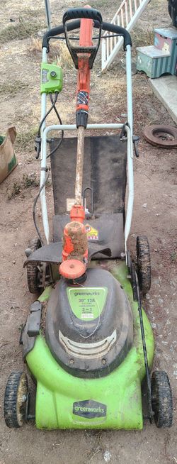 Green works 20" 12amp corded electric lawn mower and weed eater