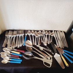 56 Pcs Mixed Stainless Flatware Forks Spoons Knives Camping Crafts Lot 5 Lbs.