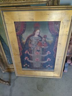 Peruvian Cusco School Madonna & Child Religious Artwork – Gold Gilt Frame