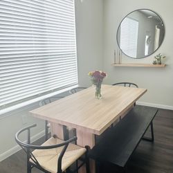 Dining Table Set, Round Mirror And Wall Shelf