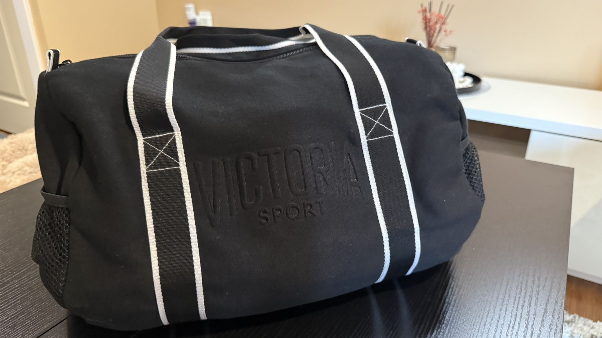 Victoria’s Secret Sport Black Duffel Gym Bag – 16” x 10” x 9” – Lightweight & Durable 