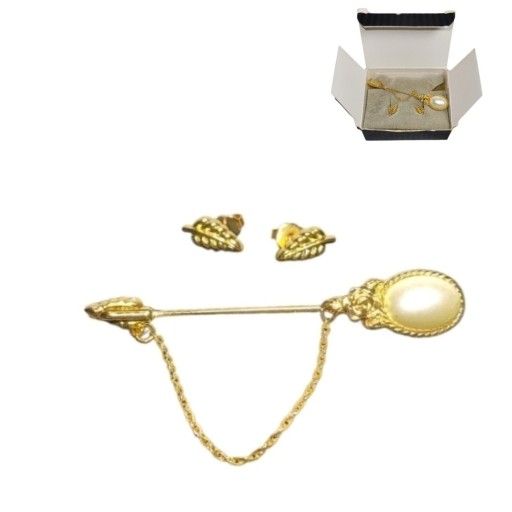 Vtg Avon Rosette Luster Gift Set Gold Tone Leaf Earrings Pin With Chain 1991