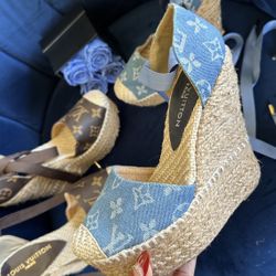 LV Brown and Denim Lace Up Wedges Sz 6.5 + 8.5