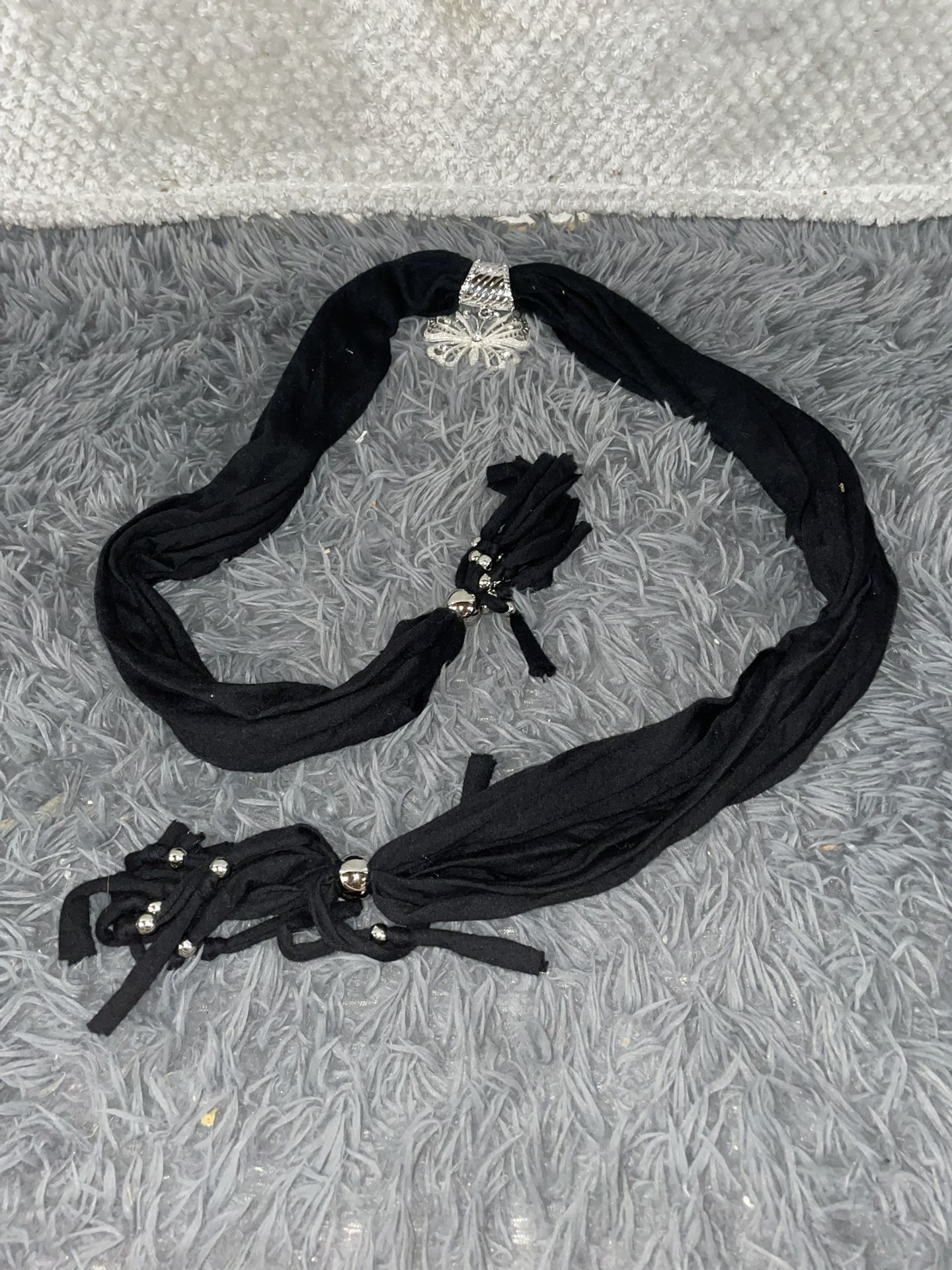 vintage-style scarf/belt with a buckle and silver beads