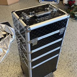 Rolling Makeup Cosmetology Case on Wheels 4 in 1 Large Cosmetic Organizer Train Case Makeup Travel Case with Key Swivel Wheels