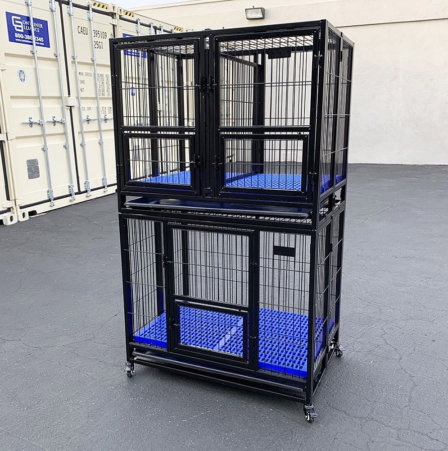 (NEW) $250 Stacking Dog Crate 37”x25”x64” Heavy Duty Cage Folding Kennel w/ Plastic Tray (Set of 2)