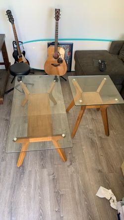 Glass and wood coffee table and end table