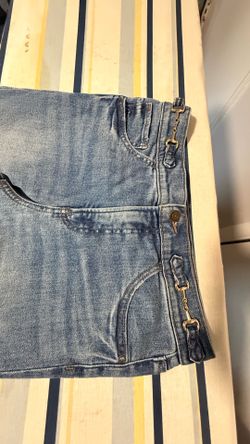 Flare Jeans Women Blue Denim Wide Leg Gold Horsebit Hardware