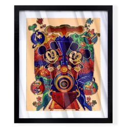Art piece of mickeys and Minnie Mouse runaway railroad on black frame
