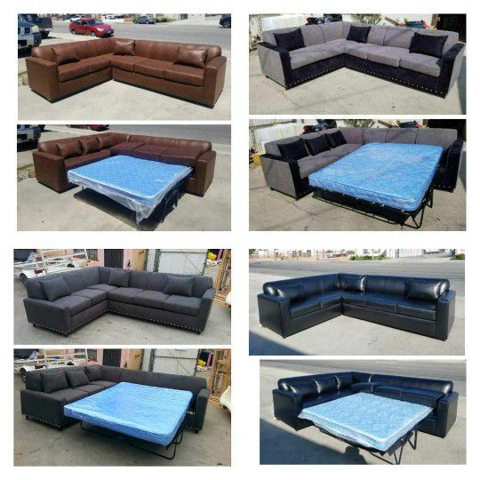 NEW 7X9FT SECTIONAL  COUCHES WITH SLEEPER. Dakota Leather, Black LEATHER,  Dark GRANITE And Charcoal  Combo  FABRIC  Made  Sofa  Queen size BED 