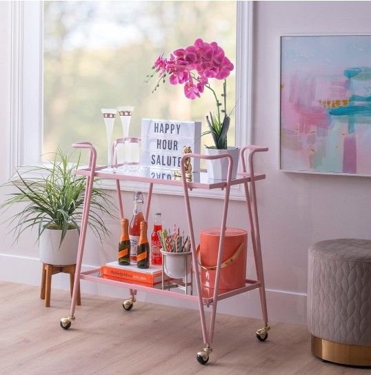 Pink Mid-Century Bar Cart with Mirrored Shelves and Locking Wheels (Already Assembled)