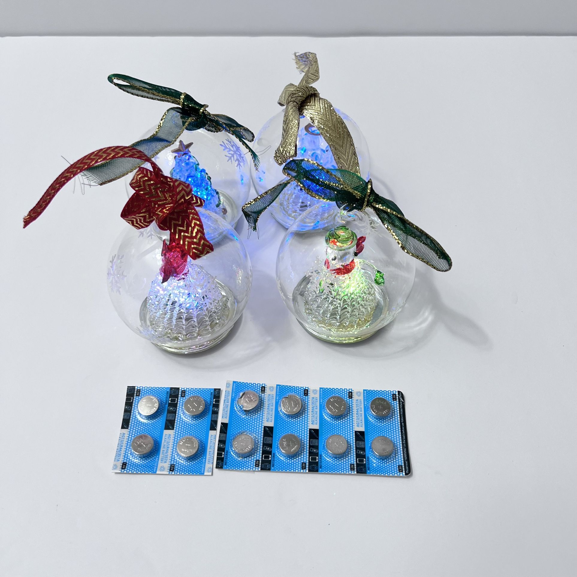LED Glass Christmas Globe Ornaments Set of 4 Angel Santa Bird Tree Color Changing New Batteries
