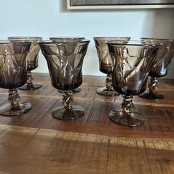 Set of 7 Vintage Fostoria Jamestown Smoky Quartz Swirl Goblets