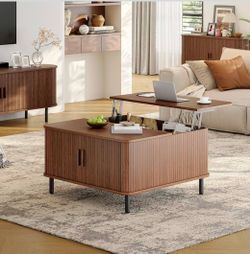 Mid-Century Modern Lift Top Coffee Table, Wood Square Coffee Table with Large Hidden Compartment & A