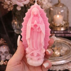Pink Virgin De Guadalupe Handmade Beeswax Candle 