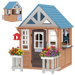 Qaba Wooden Kids Playhouse w/Door & Windows for Pretend Play (House Only)