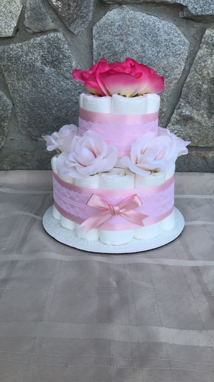 2 tier pink floral diaper cake great for baby showers